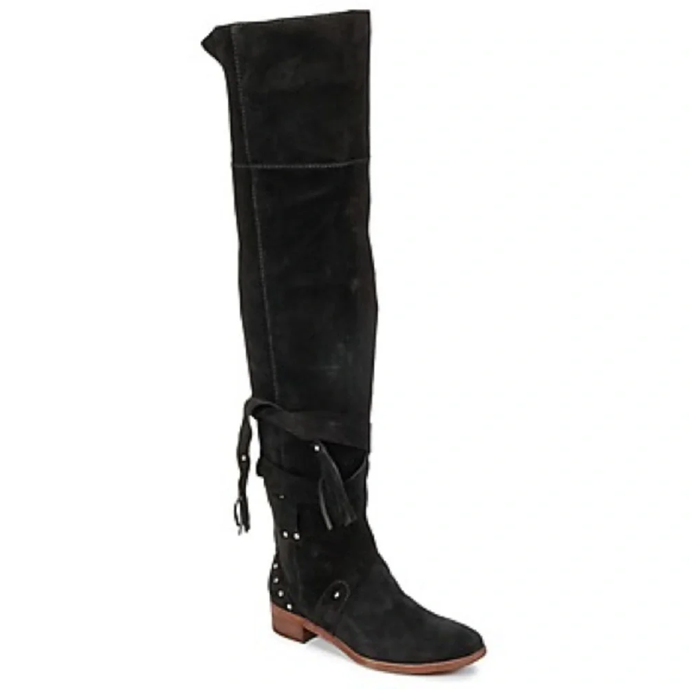 See By Chloe Dasha Suede Black Over the Knee Block Heel Boots Size 5 NEW